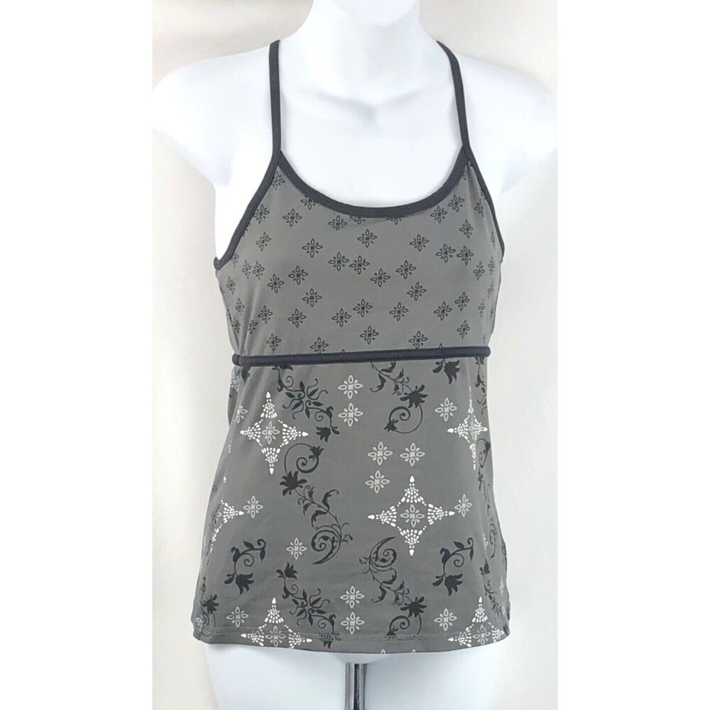 Tek Gear Halter Tank Top S Gray Floral Shelf Bra Racer Back Work Out Yoga Gym